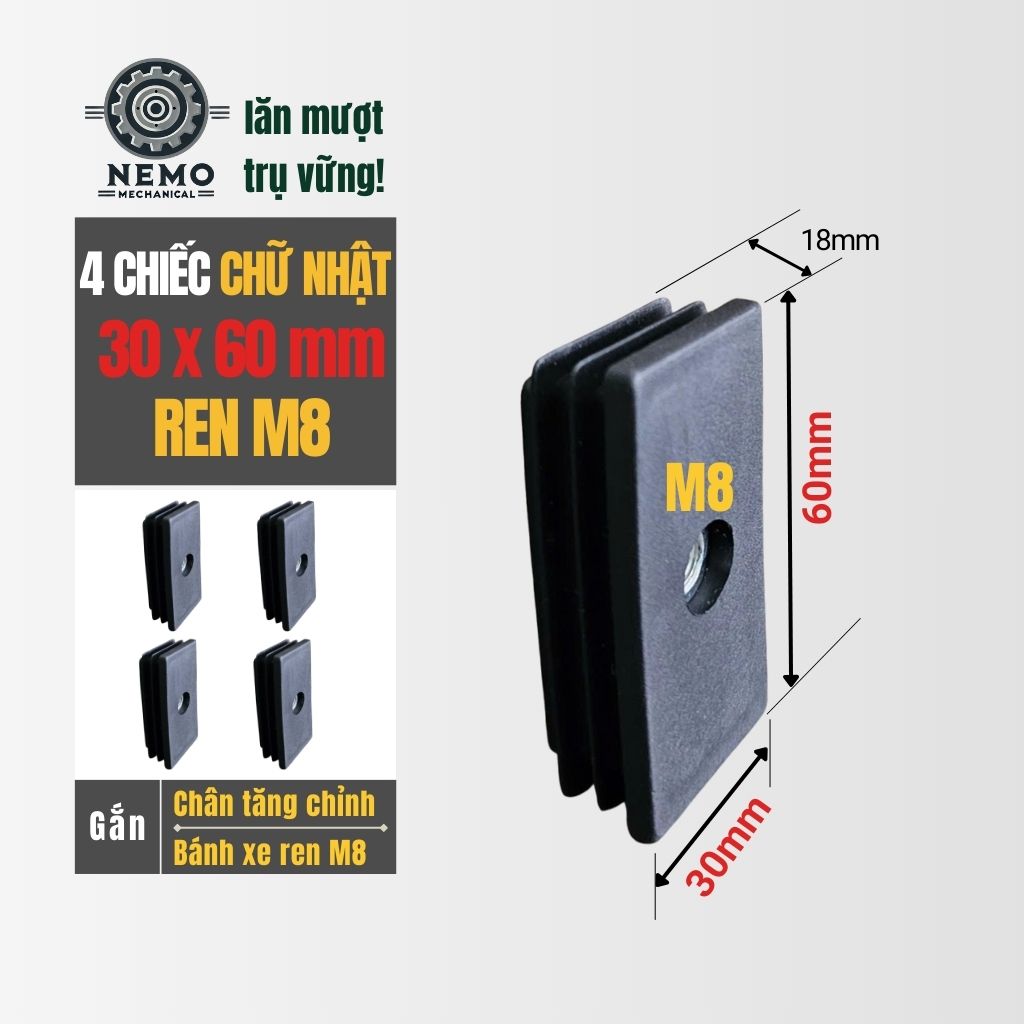 Nắp Chụp Thép Hộp Có Ren – Giải Pháp Lắp Chân Tăng Chỉnh & Bánh Xe Không Cần Hàn (M6, M8, M10)